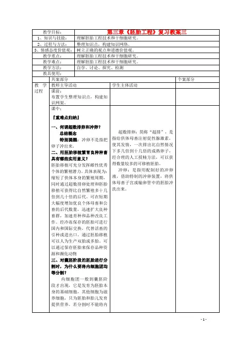 第三章《胚胎工程》复习教案三 苏教版选修3