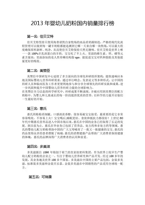 2013年婴幼儿奶粉国内销量排行榜