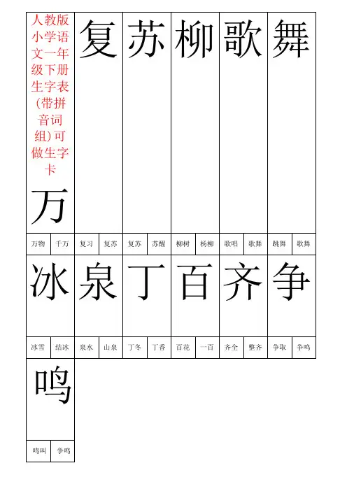 【强烈推荐】人教版小学语文一年级下册生字表(带拼音词组)可做生字卡