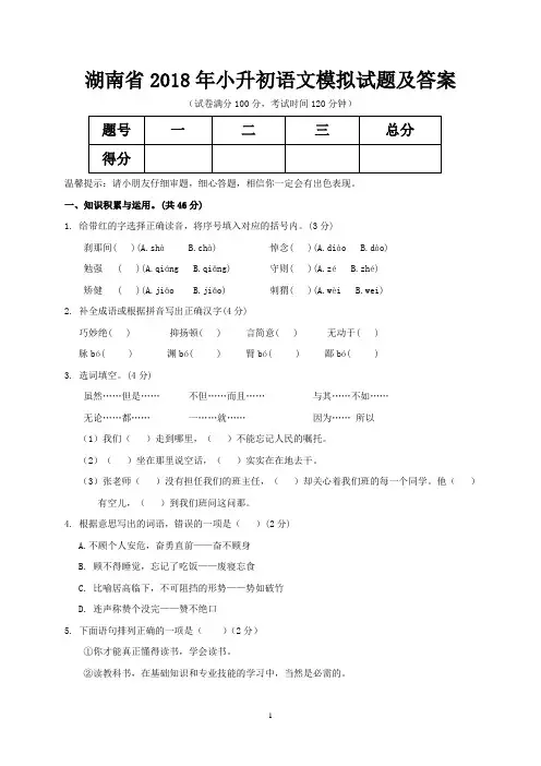 湖南省2018年小升初语文模拟试题及答案