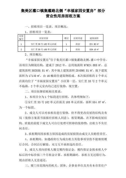 集美区灌口镇集灌路北侧“幸福家园安置房”部分 营业性用房招租方案