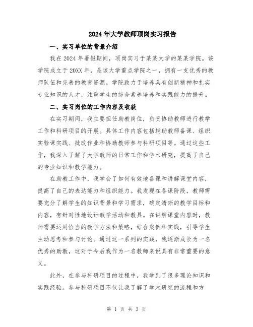 2024年大学教师顶岗实习报告