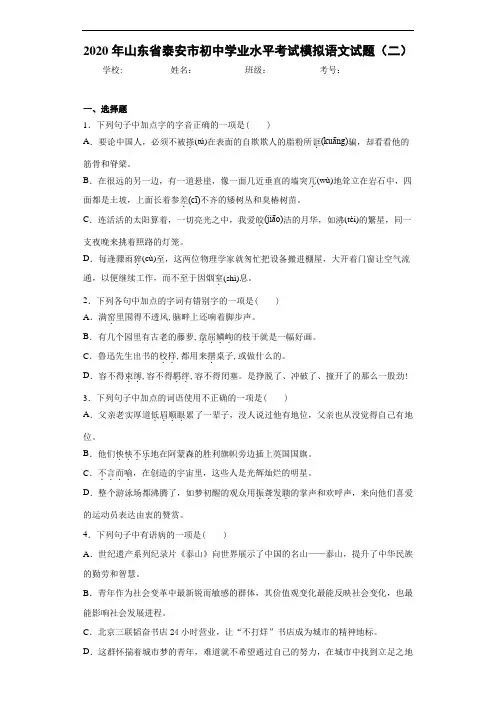 2020年山东省泰安市初中学业水平考试模拟语文试题(二)