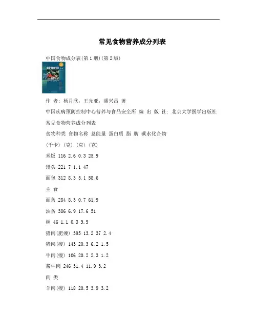 常见食物营养成分列表