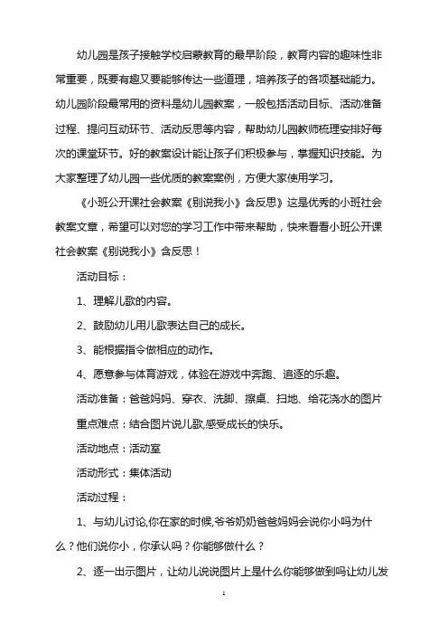 幼儿园小班公开课社会教案《别说我小》含反思word版