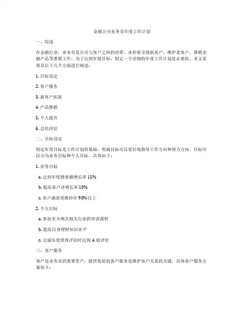 金融公司业务员年度工作计划