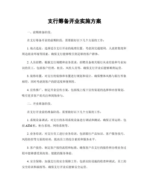 支行筹备开业实施方案