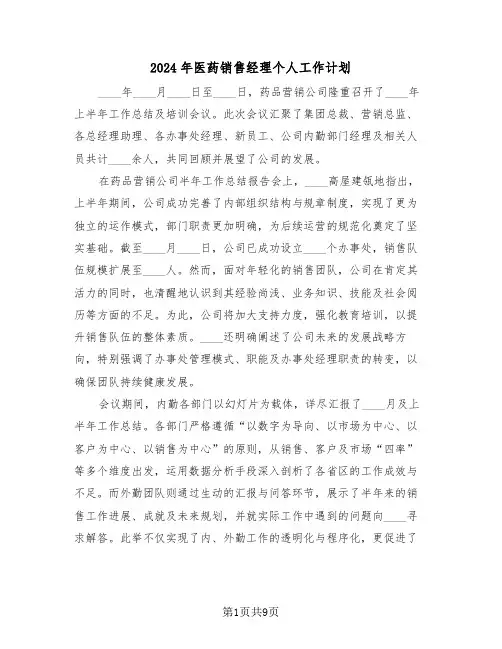 2024年医药销售经理个人工作计划（四篇）