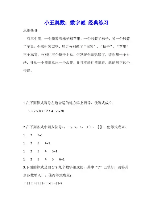 小五奥数：数字谜 经典练习