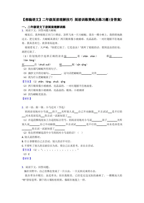 【部编语文】二年级阅读理解技巧 阅读训练策略及练习题(含答案)