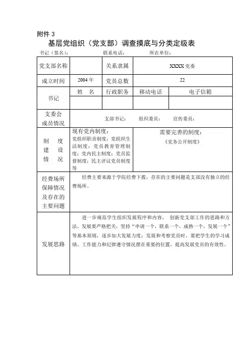 基层党组织(党支部)调查摸底与分类定级表