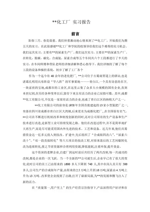 玉龙化工厂实习报告