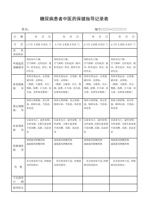 糖尿病患者中医药保健指导记录表