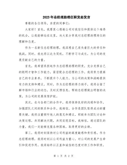 2023年总经理助理任职发态发言