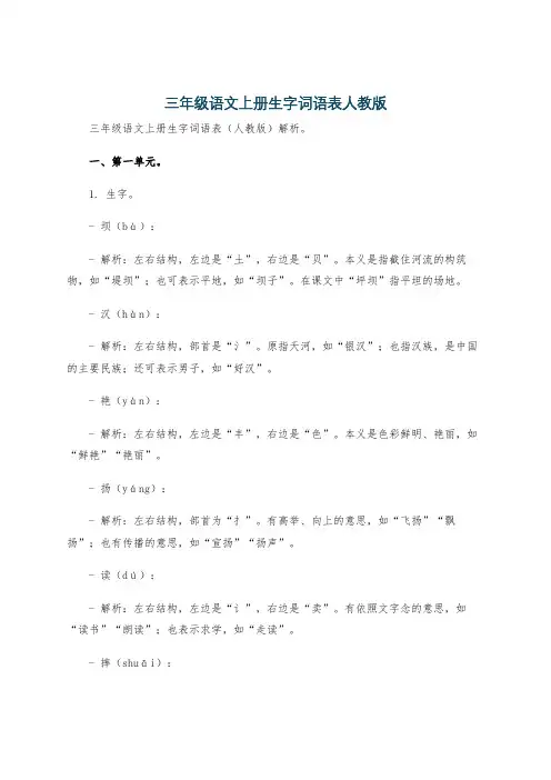 三年级语文上册生字词语表人教版
