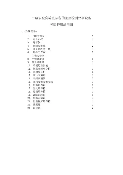 二级安全实验室必备的主要检测仪器、设备和防护用品明细