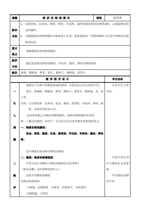 物理：6.5《物质的物理属性》教案(7)(苏科版八年级下)