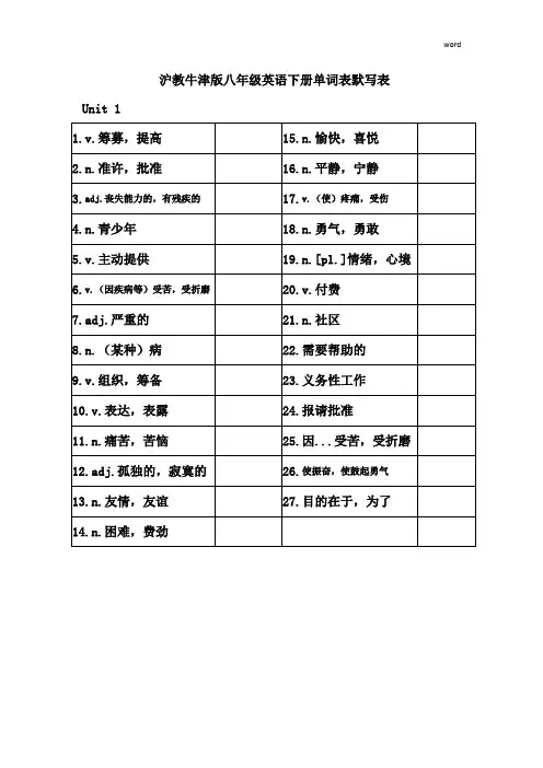 沪教牛津版八年级英语下册单词表默写表