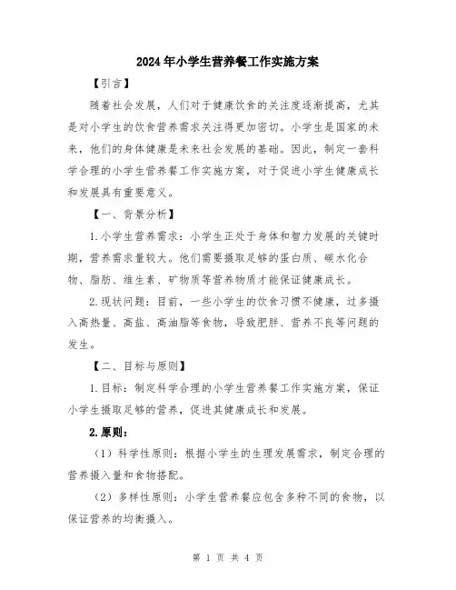 2024年小学生营养餐工作实施方案