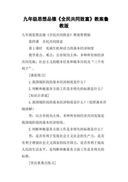 九年级思想品德《全民共同致富》教案鲁教版