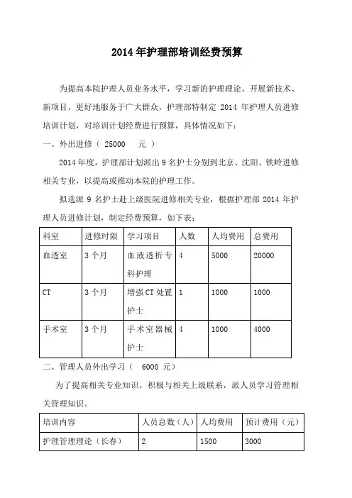 2014年护理部培训经费预算