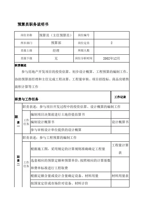 房地产开发公司预算员职务说明书(WORD4页)