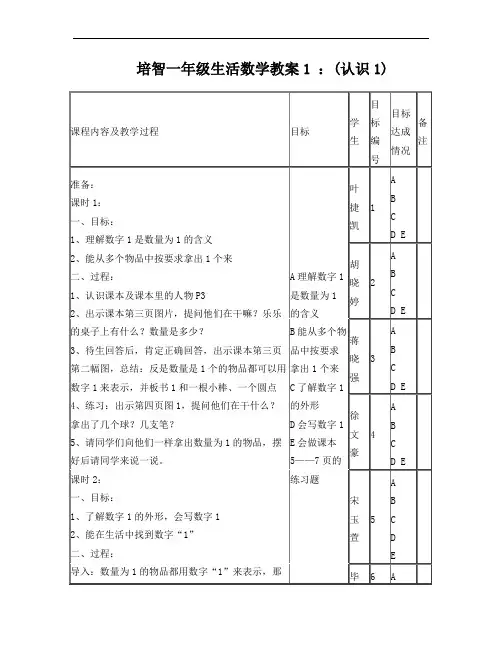 培智教育一年级上生活数学教案1：认识1
