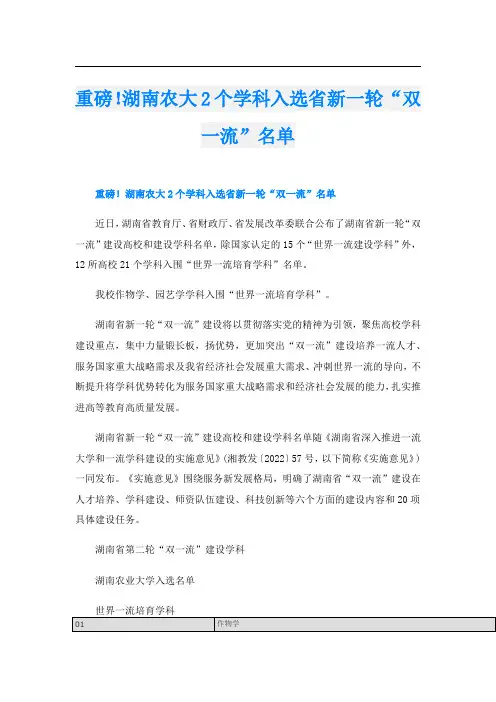重磅!湖南农大2个学科入选省新一轮“双一流”名单