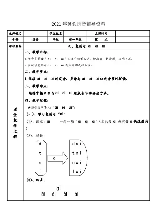 【暑假衔接】2021年幼小衔接拼音专题讲义：9汉语拼音【aieiui】(部编版)