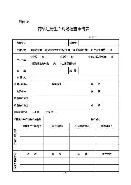 药品注册生产现场检查申请表