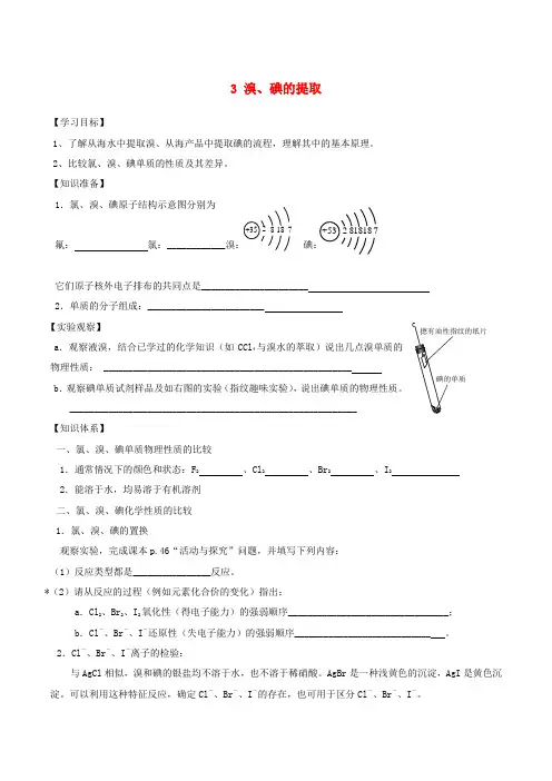2020学年高中化学 专题二 第一单元 3 溴、碘的提取学案(无答案)苏教版必修1