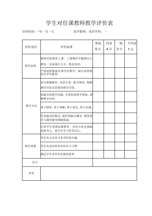 学生对任课教师教学评价表