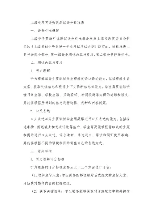 上海中考英语听说测试评分标准表