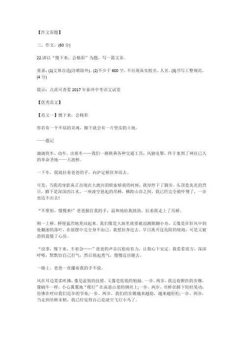 2017年江苏省泰州市中考作文《慢下来,会精彩》优秀范文(5篇)