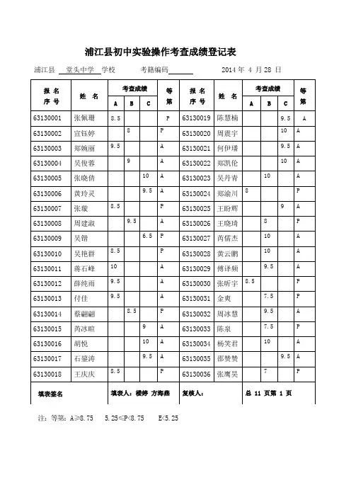 浦江县初中实验操作考查成绩登记表