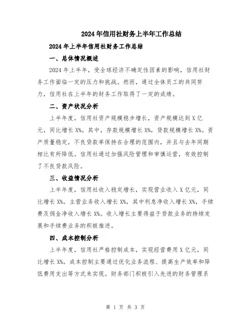 2024年信用社财务上半年工作总结