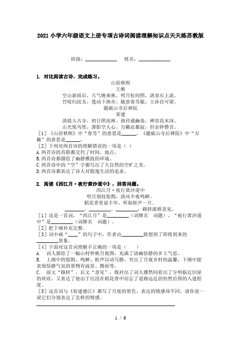 2021小学六年级语文上册专项古诗词阅读理解知识点天天练苏教版