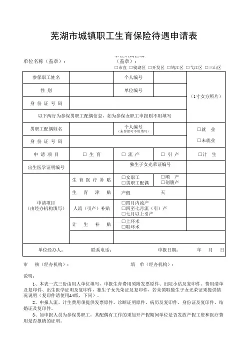 《芜湖市城镇职工生育保险待遇申请表》-2014