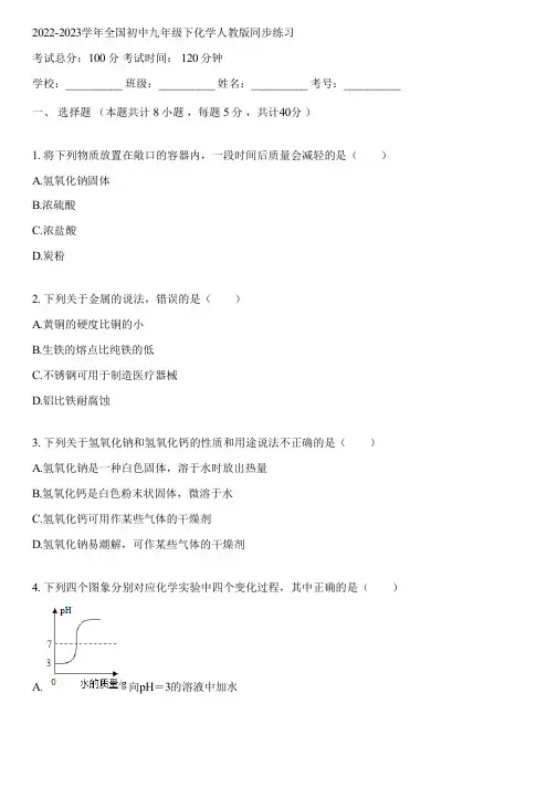 2022-2023学年全国初中九年级下化学人教版同步练习(含答案解析)081758