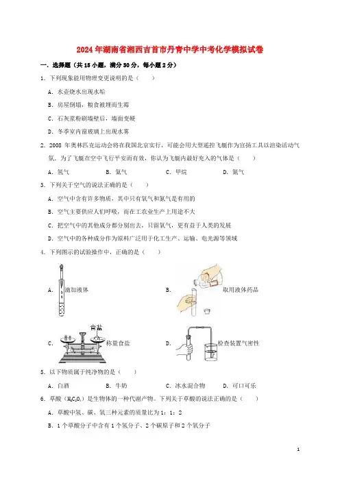 湖南省湘西吉首市丹青中学2024年中考化学模拟试卷含解析
