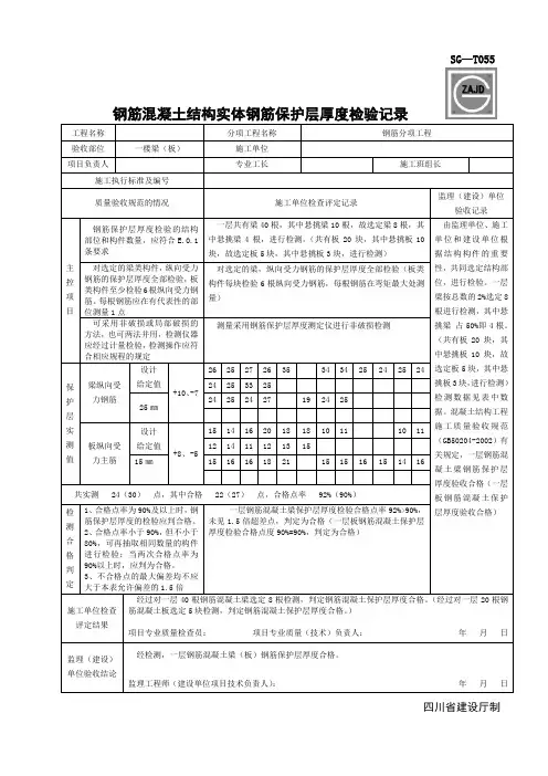 SGT钢筋混凝土结构实体钢筋保护层厚度检验记录