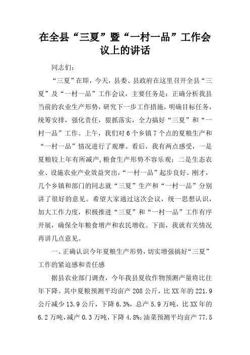 在全县“三夏”暨“一村一品”工作会议上的讲话