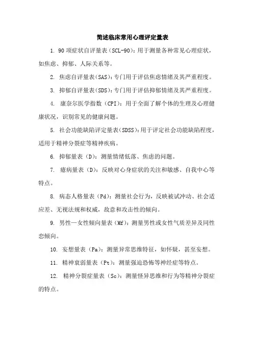 简述临床常用心理评定量表