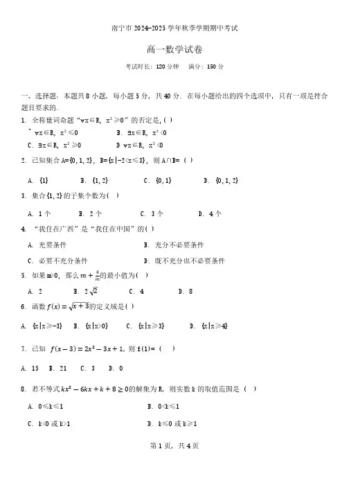 广西壮族自治区南宁市2024-2025学年高一上学期期中考试数学试题(含答案)