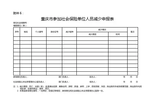 重庆市江北区参加社会保险单位人员减少申报表