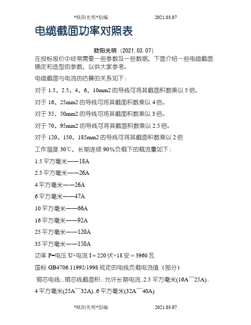 2021年电缆截面功率对照表