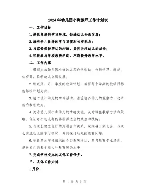 2024年幼儿园小班教师工作计划表