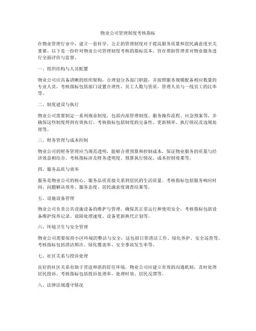 物业公司管理制度考核指标