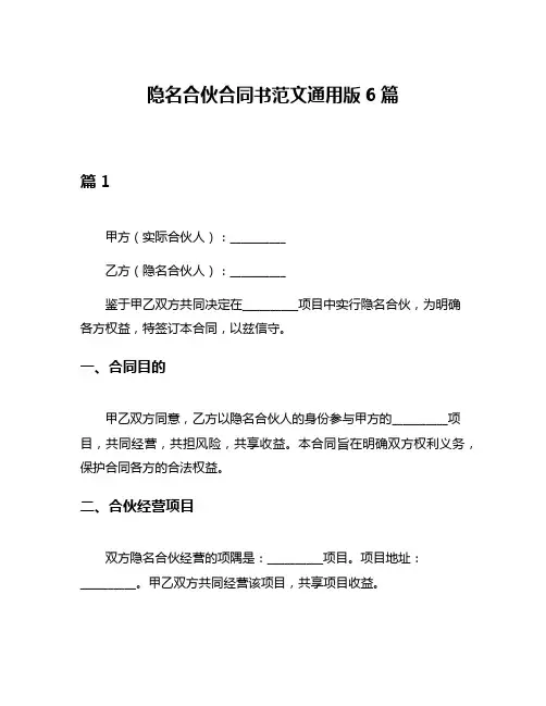 隐名合伙合同书范文通用版6篇