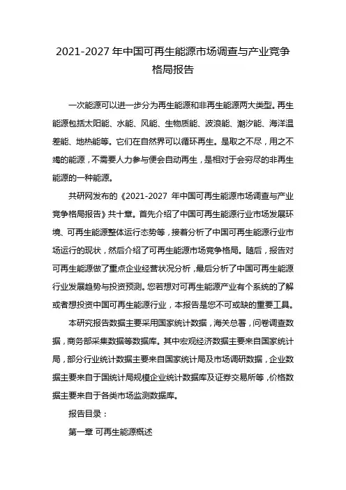 2021-2027年中国可再生能源市场调查与产业竞争格局报告